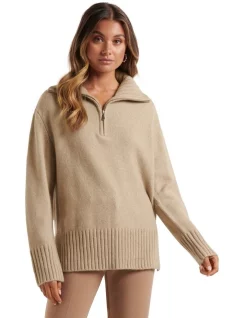 New 🎁 Forever New Reeva Zip Neck Knit Jumper Soft Camel 🔥