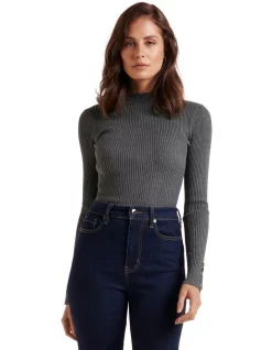 Outlet ✨ Forever New Selma Rib Stand Neck Knit Top In Grey 👏
