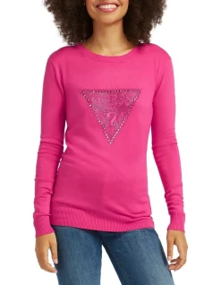 Cheapest 🎉 Guess Paulette Round Neck Long Sleeve Sweater Full Bloom Pink 😉
