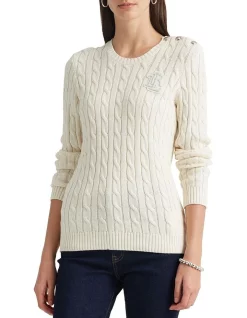 Buy π Lauren Ralph Lauren Button Trim Cable Knit Sweater Cream π