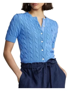 Brand new β Polo Ralph Lauren Cable-Knit Elbow-Sleeve Cotton Cardigan In Blue β