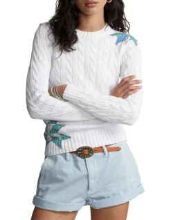 Cheapest 🧨 Polo Ralph Lauren Quilted-Motif Cable-Knit Cotton Sweater In White ⌛