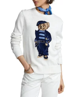 Discount 🎁 Polo Ralph Lauren Polo Bear Cotton-Linen Sweater In White 🛒