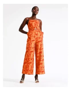 Wholesale 😍 Wayne Cooper Organic Linen Belted Jumpsuit In Orange Palm 🥰