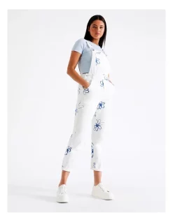 Cheap 😀 Miss Shop Recycled Blend Printed Denim Dungaree In White Floral Scribble 😉 -Jumpsuits Store unnamed file 2058