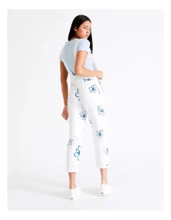 Cheap 😀 Miss Shop Recycled Blend Printed Denim Dungaree In White Floral Scribble 😉 -Jumpsuits Store unnamed file 2059