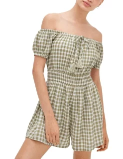 Brand new ⭐ American Eagle Plaid Puff Sleeve Romper In Green 🛒