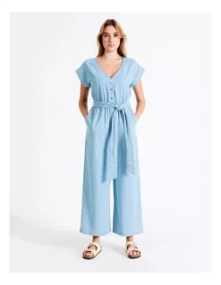 Best Pirce 🎉 Grab Denim Organic Short Sleeve Chambray Jumpsuit In Mineral Blue 🌟