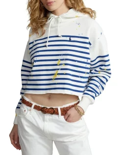 New ✨ Polo Ralph Lauren Paint-Splatter Striped Oversize Hoodie In White/Blue ❤️