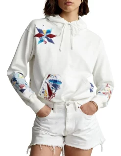 Discount 🌟 Polo Ralph Lauren Logo Quilted Motif Fleece Hoodie In White 🎁