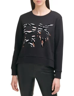 Cheap 🌟 DKNY Tiger Printed Stacked Logo Sweatshirt Black 😍